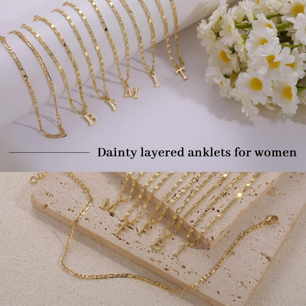 Initial Ankle Bracelets for Women,Layered Waterproof Anklet for Women 14K Gold F - Picture 2 of 7